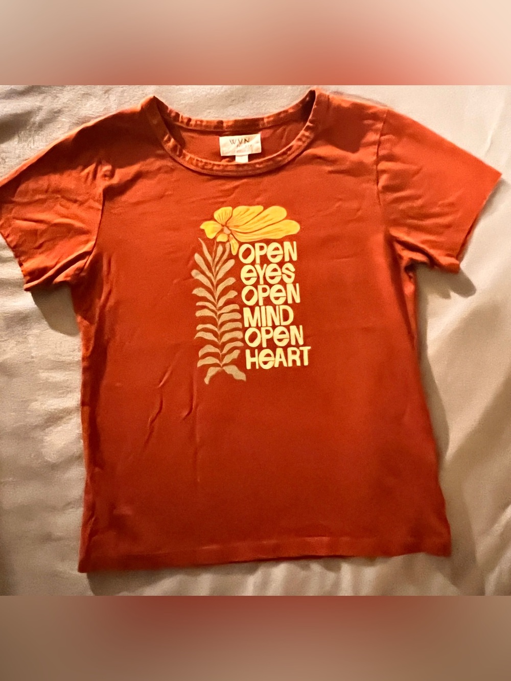 WVN NWOT Organic Cotton Open Eyes Mind Heart Graphic Tee Shirt S